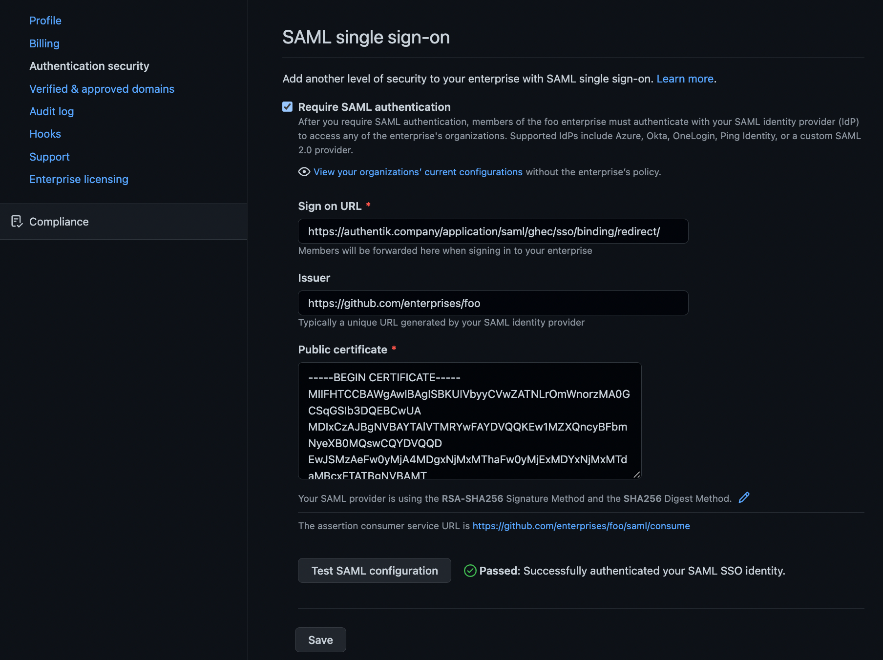 Screenshot showing populated GitHub enterprise SAML settings